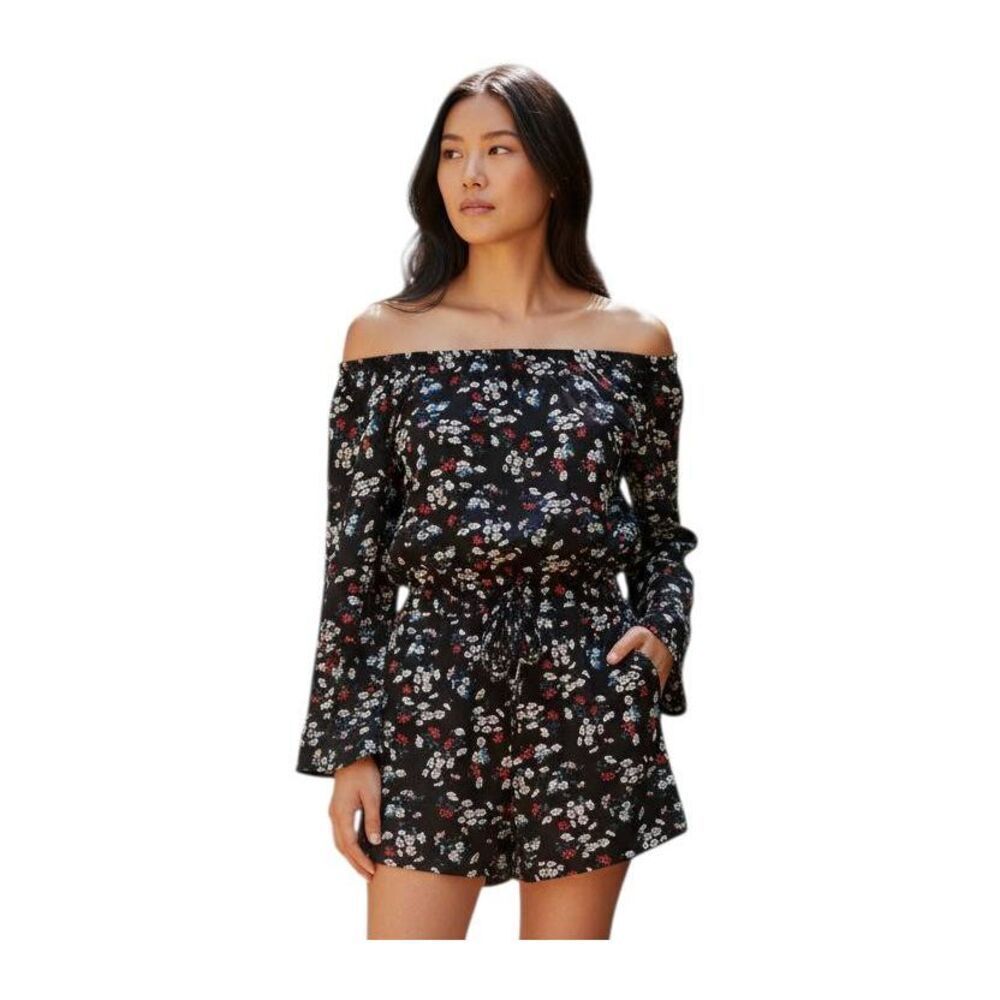 NO BOUNDARIES BLACK, RED, WHITE & BLUE FLORAL OFF-THE-SHOULDER ROMPER SZ.XS